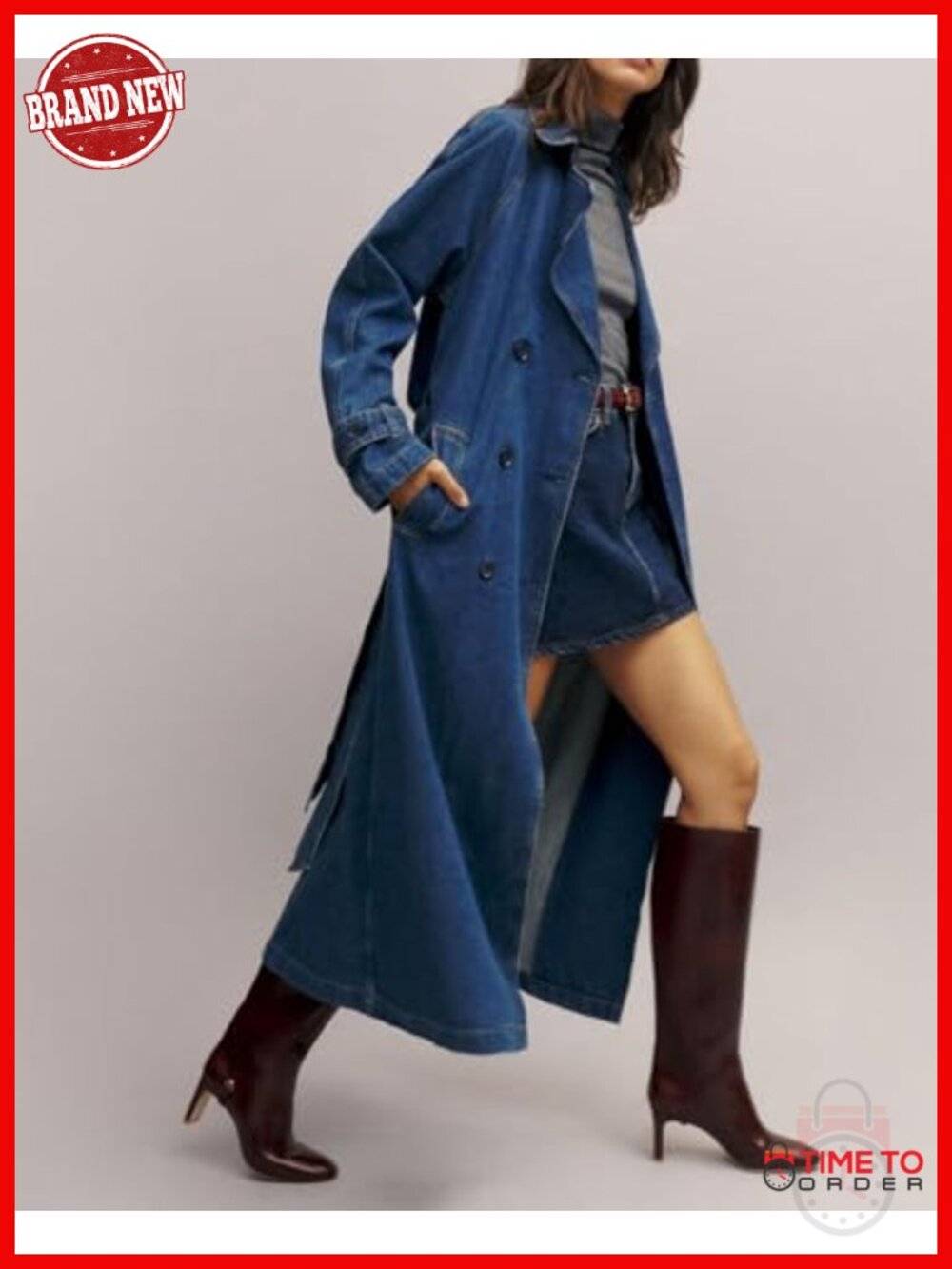 Women's Denim Trench Coat Double Breasted Midi Jacket with Belt Cotton Blend - Picture 5 of 6